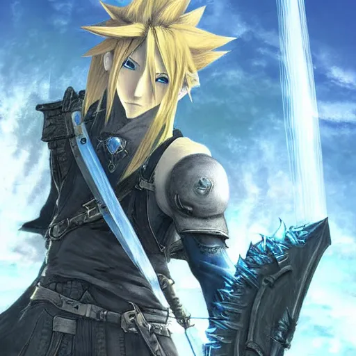 Image similar to cloud strife in the art style of breath of the wild and luis royo, grimdark dramatic lighting, digital art, intricate, highly detailed, matte painting, fine art