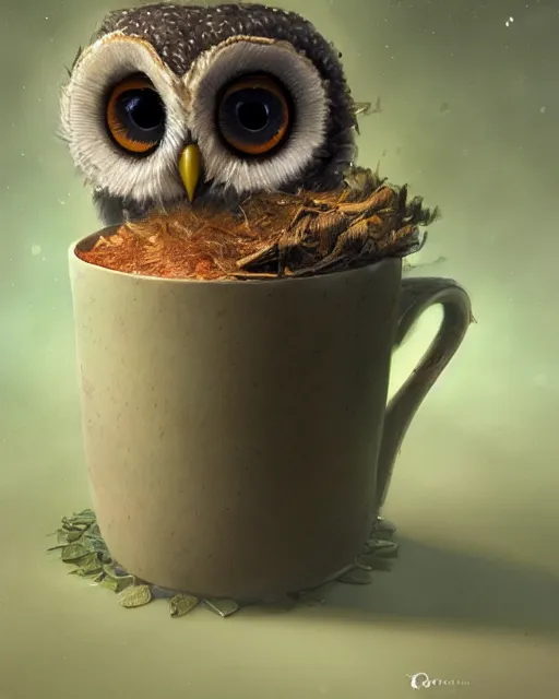 Image similar to long shot of a very cute owl chick nesting in a futuristic mug, esao andrews, humorous illustration, hyperrealistic, big depth of field, warm colors, night scenery, low light, 3 d octane render, 4 k, concept art, hyperdetailed, hyperrealistic, trending on artstation