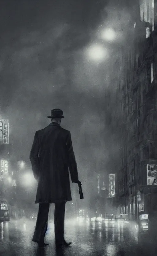 Prompt: private detective in film noir movie scene, smoke, night, city, greg rutkowski, 8 k, shallow depth of field, intricate detail, concept art,