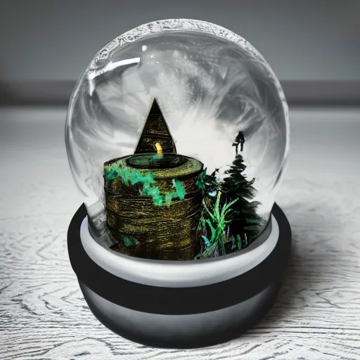 Image similar to Snow globe, candles, Gustav Klutsis, Fallout, Pietro Fragiacomo, Legend of Zelda, mist, snow, pine tree, Aloe vera, swamp, dollar bill, shed, album art,