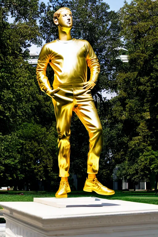 Image similar to A beautiful gold statue of Mark Zuckerberg in front of the White House, photo by Steve McCurry, heroic pose, detailed, smooth, smiling, professional photographer