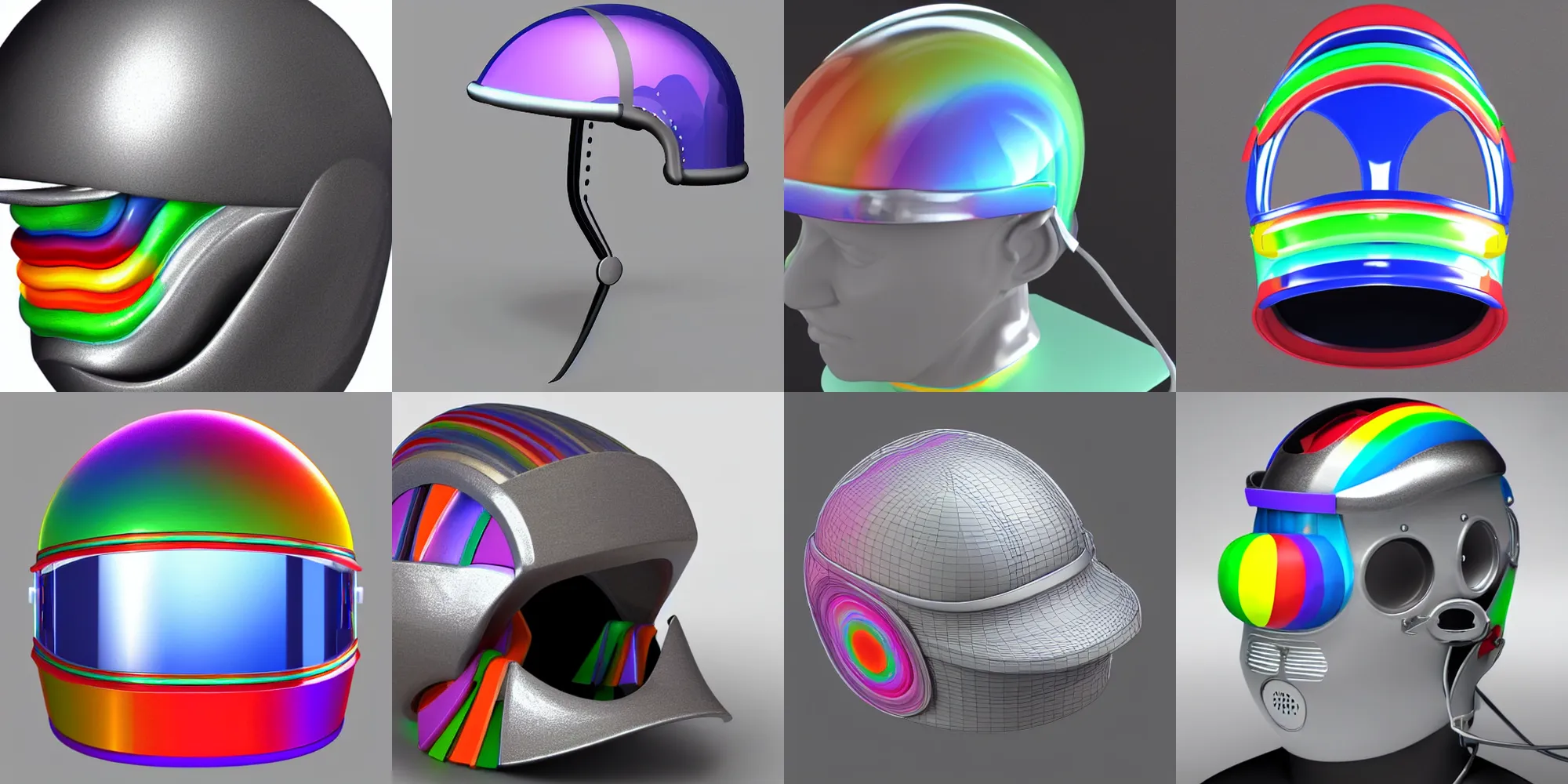 Prompt: futuristic rainbow steamboat helmet with visor, metal and plastic detail, 3d render