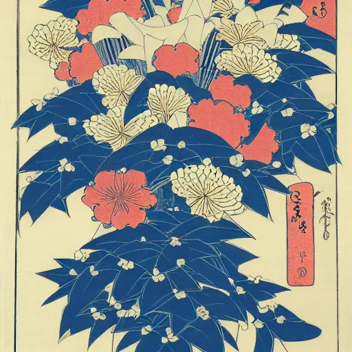 Image similar to bouquet of flowers, centered, symmetrical, ukiyo-e style, Hokusai, Hiroshige