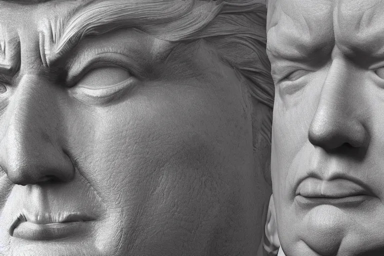 Image similar to ultra - fine detailed photograph of donald trump marble sculpture face, octane render, volumetric lighting, award - winning, perfection, ambitious, featured on artstation, by greg rutkowski, ambient occlusion, hyper - realism, 4 k hd, qled,