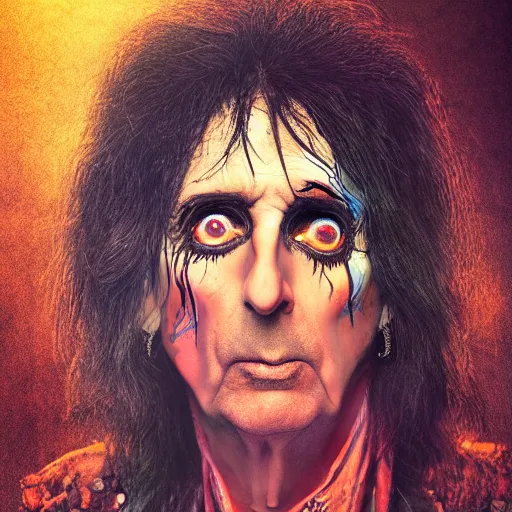 Image similar to alice cooper, portrait, obscure render, aesthetic, gaudy colors, matte painting