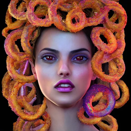 Image similar to the face of a ridiculously beautiful and pretty arab woman partially made of onion rings of all colors looking down, an ultrafine detailed illustration by james jean, final fantasy, intricate linework, bright colors, behance contest winner, vanitas, angular, altermodern, unreal engine 5 highly rendered, global illumination, radiant light, detailed and intricate environment