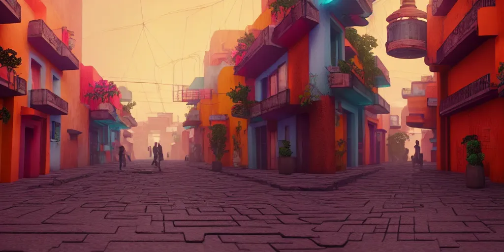 Image similar to a futuristic small mexican town cobbled street, blade runner 2 0 4 9 guanajuato alleys, futuristic colonial city architecture, mexican dia de muertos decorations, environmental lighting, stromy weather, ray tracing, amazing view, highly detailed, neon shops, octane render, unreal engine 5, 4 k