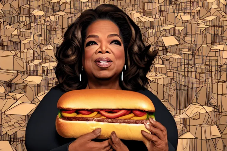 Image similar to oprah winfrey holding a hotdog, surrounded by homeless people, cardboard city, hyper realistic, 8 k, ethereal details, high resolution, cinematic lighting