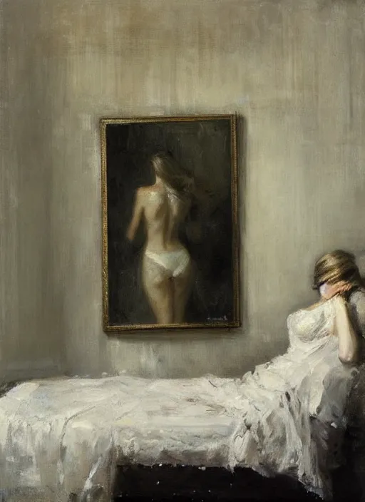 Prompt: portrait painting of a woman posing in an artistic over a bed, white lace sheets by jeremy mann, only one head single portrait