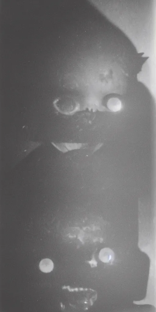 Image similar to found polaroid photo of a young boy with a horrifying shadow demon with glowing eyes looming behind him in a musty basement, detailed real photo