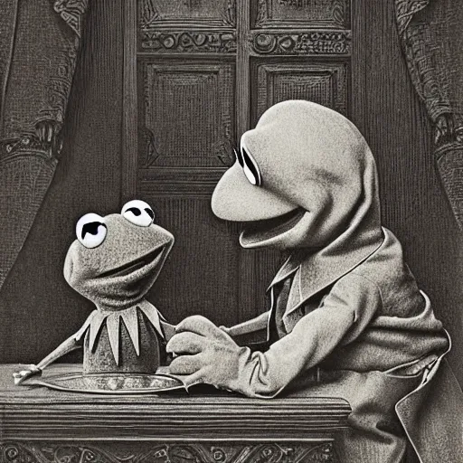 Prompt: Kermit the Frog by Gustave Dore, Sesame Street, intricate, very very detailed