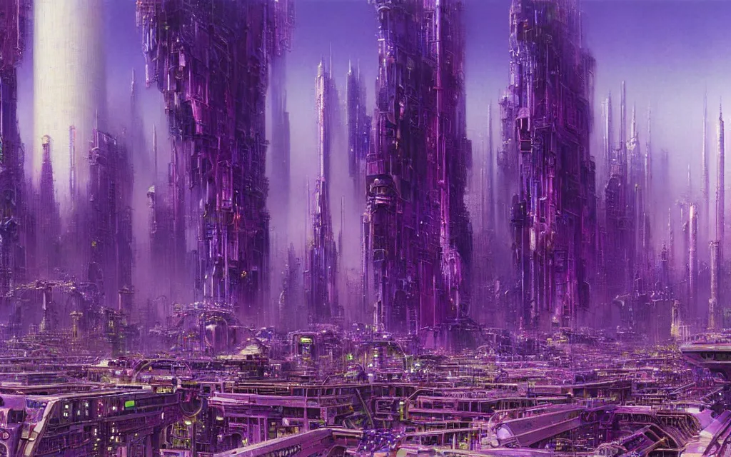 Prompt: a futurist cybernetic purple city, future perfect, award winning digital art by alan bean and bruce pennington