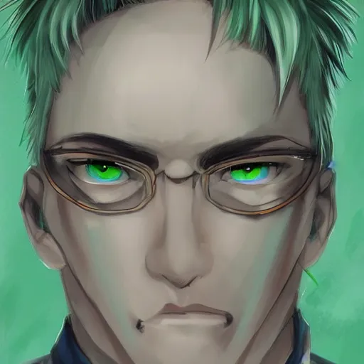 Image similar to Concept art of a man with green hair, with pupils that look like clocks, trending on artstation, anime