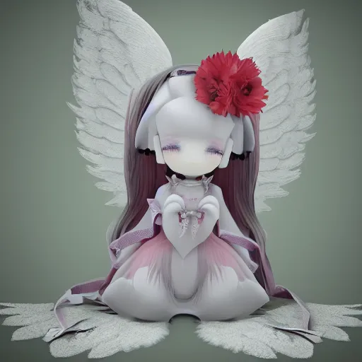 Prompt: cute fumo plush of a divine angel, gothic maiden, ribbons and flowers, ruffled wings, feathers raining, particle simulation, clouds, vray