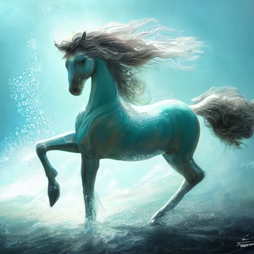 Image similar to a fantastical transparent small turquoise spirit horse made of water and foam and algae, splashing water, wave, translucent, ethereal, noble, radiant, hyperalism, scottish folklore, digital painting, artstation, concept art, smooth, 8 k frostbite 3 engine, ultra detailed, art by artgerm and greg rutkowski and magali villeneuve