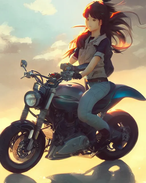 Image similar to a girl riding a motorcycle, full shot, atmospheric lighting, detailed face, by makoto shinkai, stanley artgerm lau, wlop, rossdraws