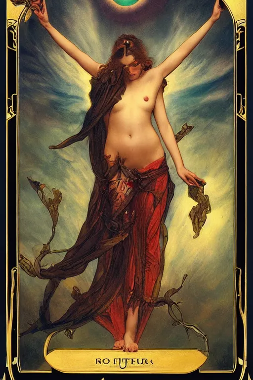 Prompt: the sun tarot card by roberto ferri and mucha