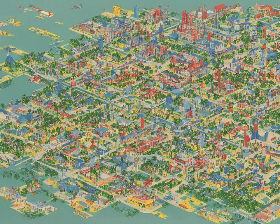 Prompt: theme park style isometric map of Washington, D.C. by Hasui Kawase and Lyonel Feininger