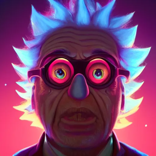 Image similar to portrait of old shaved rick sanchez, big eyes, lab coat and tee shirt, lens flare, atmosphere, glow, detailed, intricate, full of colour, cinematic lighting, trending on artstation, 4 k, hyperrealistic, focused, extreme details, unreal engine 5, cinematic, masterpiece