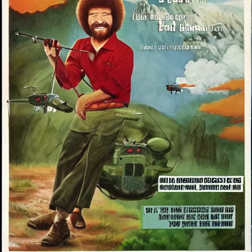 Prompt: Bob Ross in Vietnam Helicopter, Propaganda style