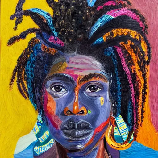 Prompt: dark - skinned woman with plaited african hair, bright and colourful, highly detailed, saturation, vibrant, proportionate facial details, acrylic, oil paint inspired by the works of julie mehretu