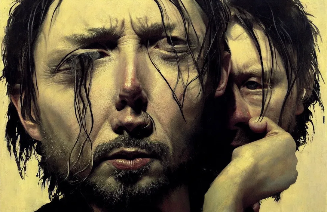 Image similar to portrait of thom yorke!!!!!!!!!!!!!!!!!!!!!!!!!!!, detailed face, detailed painting, epic lighting, by ilya repin, phil hale and kent williams