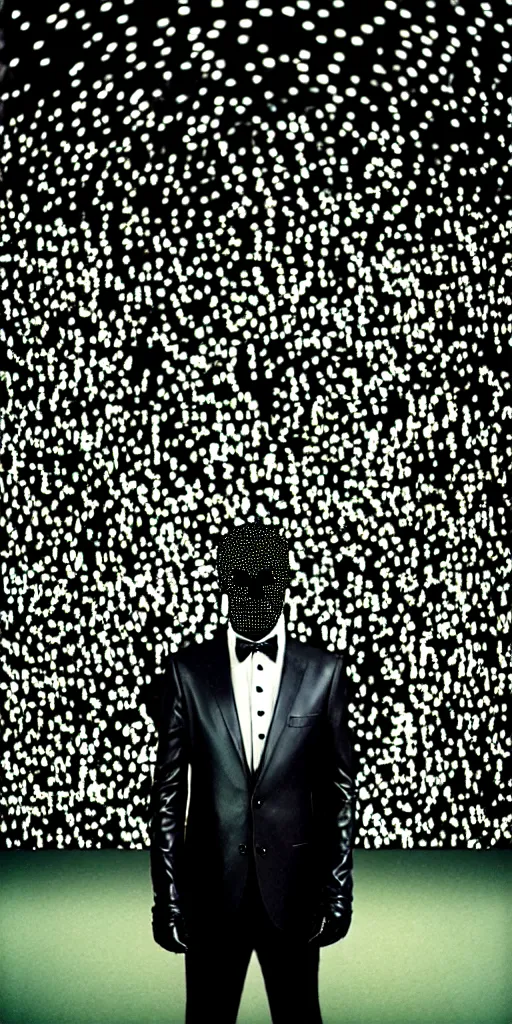 Image similar to sharp portrait of a man in a suit with a face made of black shiny leather standing in los angeles with blured crowd of zombies on a background, bokeh, detailed, film photography, kodak portra 4 0 0, mamiya,