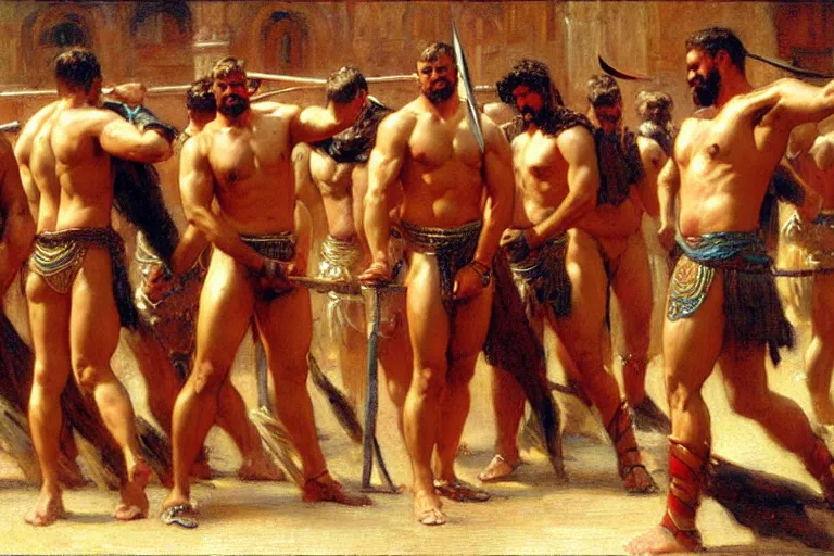 Prompt: male gladiators, painting by gaston bussiere, craig mullins, j. c. leyendecker, tom of finland