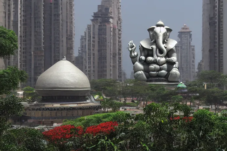 Image similar to magnificent futuristic new delhi, sharp biophilic ganesha!! building, kalighat flowers, highly detailed, stephen shore & john j. park, cinematic light, wide shot, ground angle, uhd 8 k, sharp focus