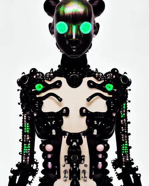 Image similar to symmetrical portrait of a biomechanical cyborg wearing a silicone swarovski studded iridescent beauty mask and neon hair buns, wearing a black bodysuit by alexander mcqueen, cream white background, soft diffused light, biotechnology, humanoid robot, bjork aesthetic, translucent, by rineke dijkstra, intricate details, highly detailed, masterpiece,