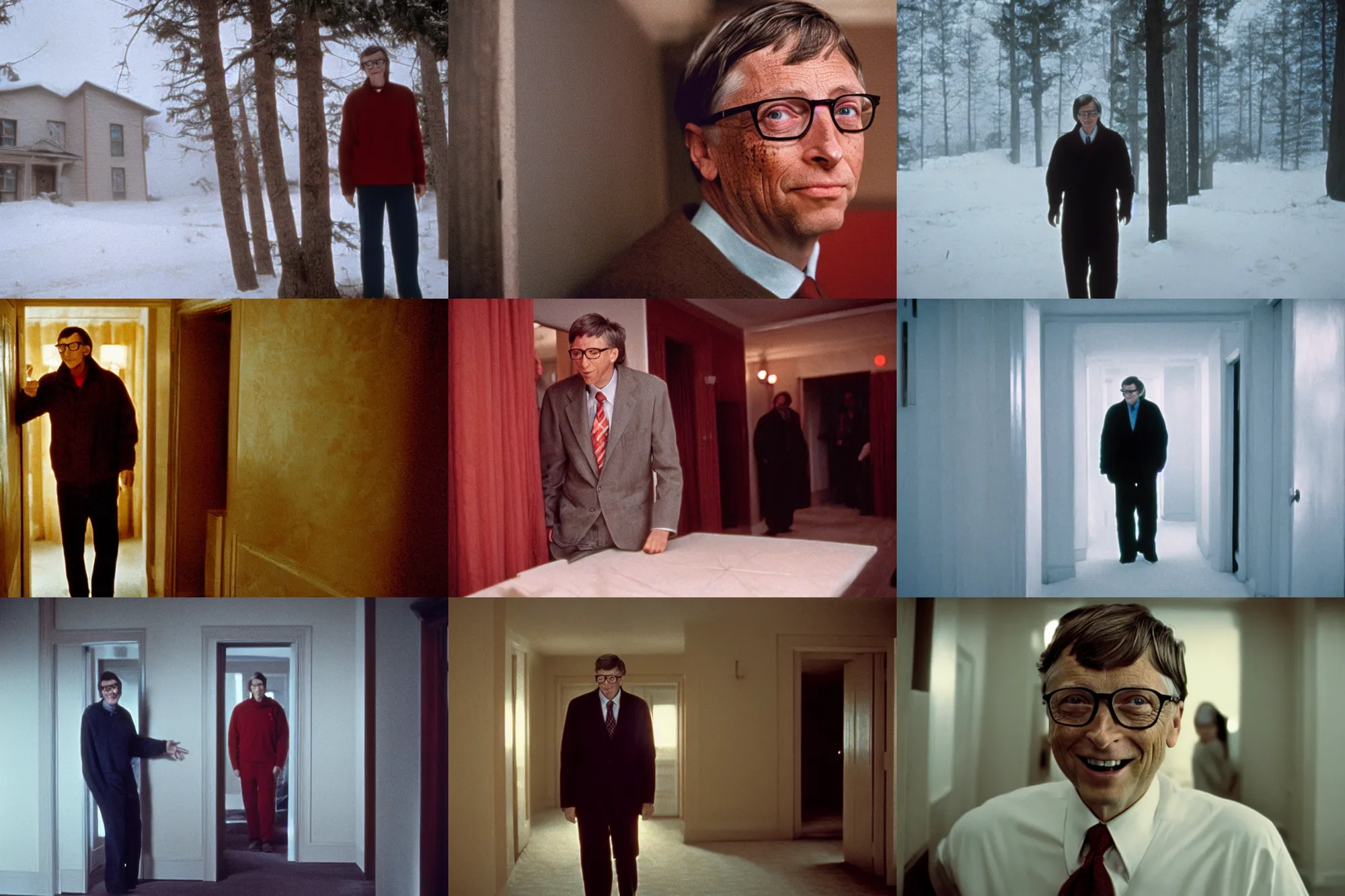 Prompt: bill gates being a creepy psychopath in the shining, cinestill, low light, spooky atmosphere, cold hard winter light, ghosts