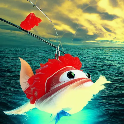 Prompt: the mogwai gizmo goes deep sea fishing in a sportfisherman boat. gizmo is fishing for swedish fish candy by using gummi worm candy as bait. photorealistic digital art, epic fantasy, dramatic lighting, cinematic, extremely high detail, cinematic lighting, trending, artstation, cgsociety, 3 d ue 5, 4 k, hq