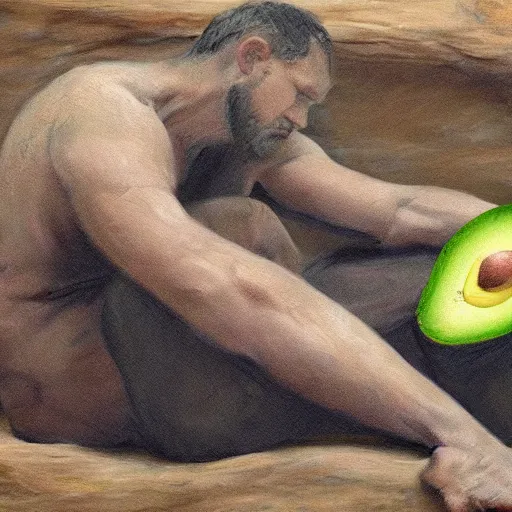 Image similar to man in a cave eating an avocado, landscape ultrarealistic, photorealism, golden ratio, art canvas, award winning, masterpiece, trending on artstation 8 k 1 5 0 mpx