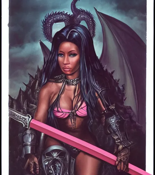 Prompt: 1 9 8 0 s fantasy novel book cover, nicki minaj in bikini armor holding a cartoonishly huge sword, dark smoky background, menacing dragon within the shadows
