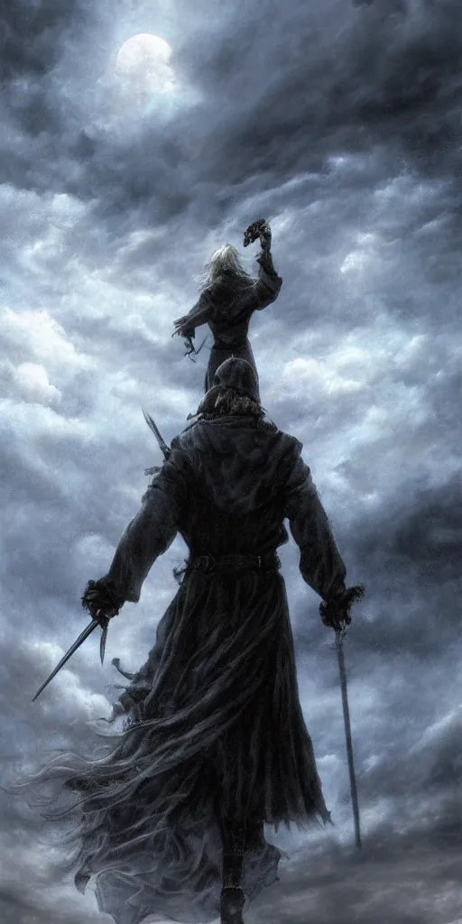 Image similar to a medieval peasant wizard walking alone in the night during a stormcloud with dramatic airbrushed clouds over black background by Luis royo and Yoshitaka Amano airbrush fantasy 80s, realistic masterpiece