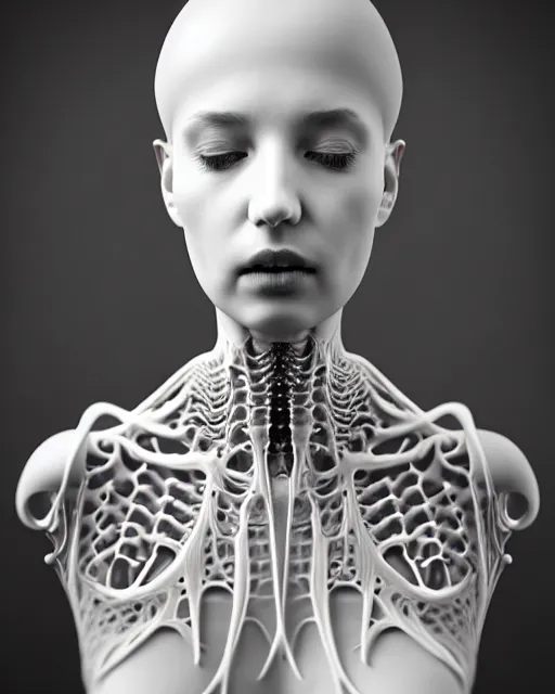 Prompt: dreamy foggy elegant soft luminous bw profile face portrait 3 d render, beautiful young biomechanical - porcelain - female - cyborg with a delicate detailed mandelbrot fractal texture skin and a very long neck with gothic pearl embroidered collar, halo, white smoke atmosphere, rim light, hg giger, 8 k