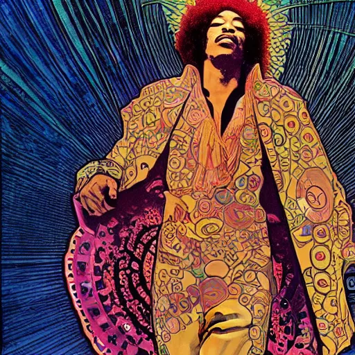 Image similar to jimi hendrix by alphonse mucha and moebius, psychadelic