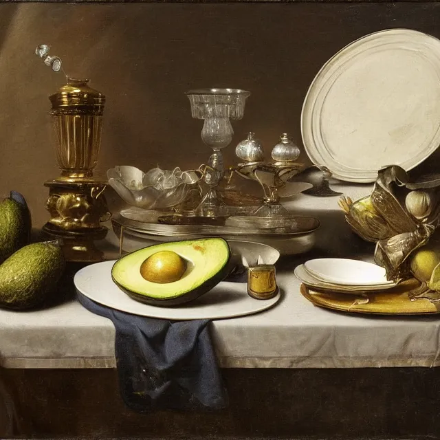 Prompt: still life by willem claesz heda, avocados, bread, linen, surreal glass goblets, one house fly, silver dishes, leftovers, overturned gold chalice,