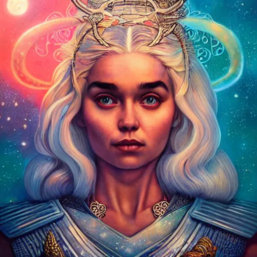 Image similar to cosmic stunning lofi daenerys targaryen portrait, queen of dragons, fire flaming dragon serpent, Pixar style, by Tristan Eaton Stanley Artgerm and Tom Bagshaw.