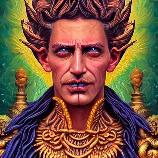 Prompt: intricate five star god hades facial portrait by casey weldon, oil on canvas, hdr, high detail, photo realistic, hyperrealism, matte finish, high contrast, 3 d depth, centered, masterpiece, vivid and vibrant colors, enhanced light effect, enhanced eye detail, artstationhd