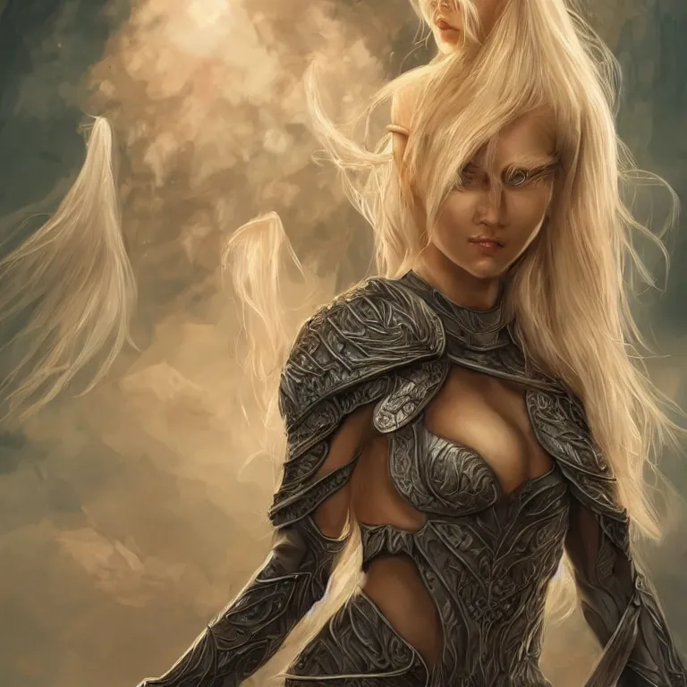 Prompt: extremely detailed fantasy art of a cute blonde female, lord of the rings style, poster, full figure, fantasy, 8 k