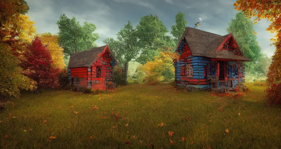 Prompt: colorful cottage in the middle of the woods, windy autumn day, peaceful environment, adventurous architecture, wooden fence, 3d render, unreal engine, trending on artstation, cgnation, by senior 3D artist