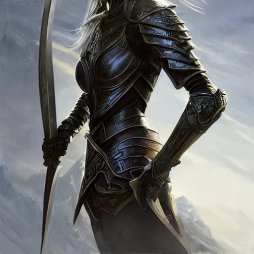 Prompt: standing elf with armor of rivendel and a curve long sword in full bod and detailed face, epic masterpiece of cinematographic hyperrealism, realistic shaded lighting poster by craig mallismo, artgerm, jeremy lipkin and michael garmash, unreal engine, radiant light, detailed and intricate environment, digital art, art station trends
