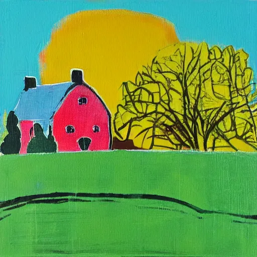 Prompt: a painting of a beautiful cottage, with a lush grass lawn, featuring a tree in the style of andy warhol