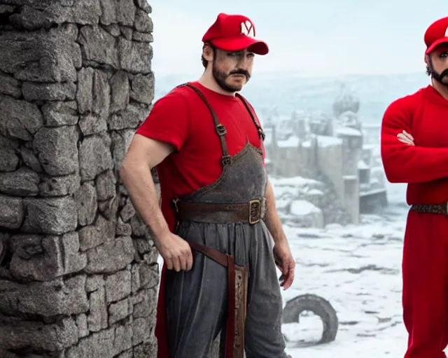 Image similar to promotional image of real life super mario in game of thrones, realistic, red cap, red clothes, detailed face, movie still frame, promotional image, imax 70 mm footage