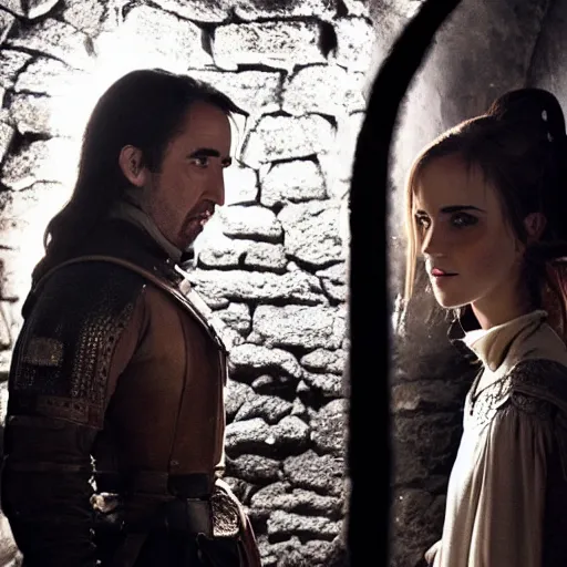 Image similar to photography emma watson fight with nicholas cage in a medieval wine cellar cinematic