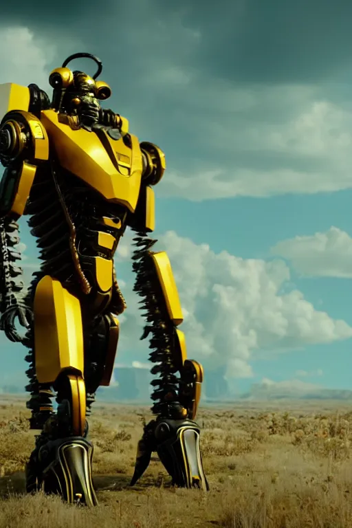 Image similar to a cinematic still from westworld, full body yellow mech bumblebee, humanoid servo, octane render, nvidia raytracing demo, masterpiece, aged armor plating, aggressive head,