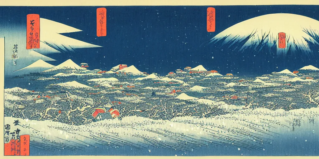 Image similar to snow field scenery at night, snowy and windy, with some tombs and blood in the front, by hiroshige utakawa, ukiyoe