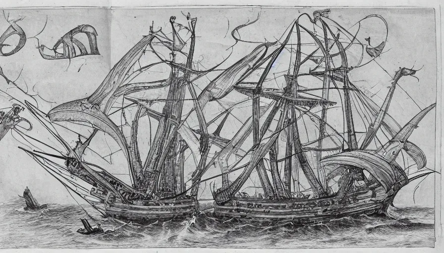 Prompt: encyclopedia drawing of a huge squid attacking ship, manuscript, detailed