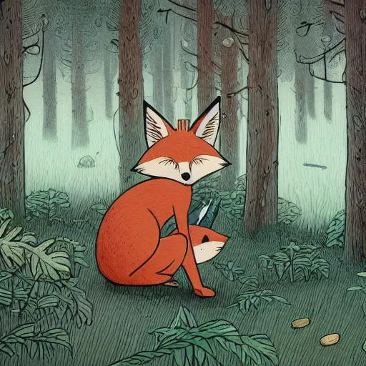 Prompt: childrens book illustration of a cute cartoon fox in the woods, style of moebius, james jean, mcbess, cinematic, highly detailed, award winning, 8 k photorealistic